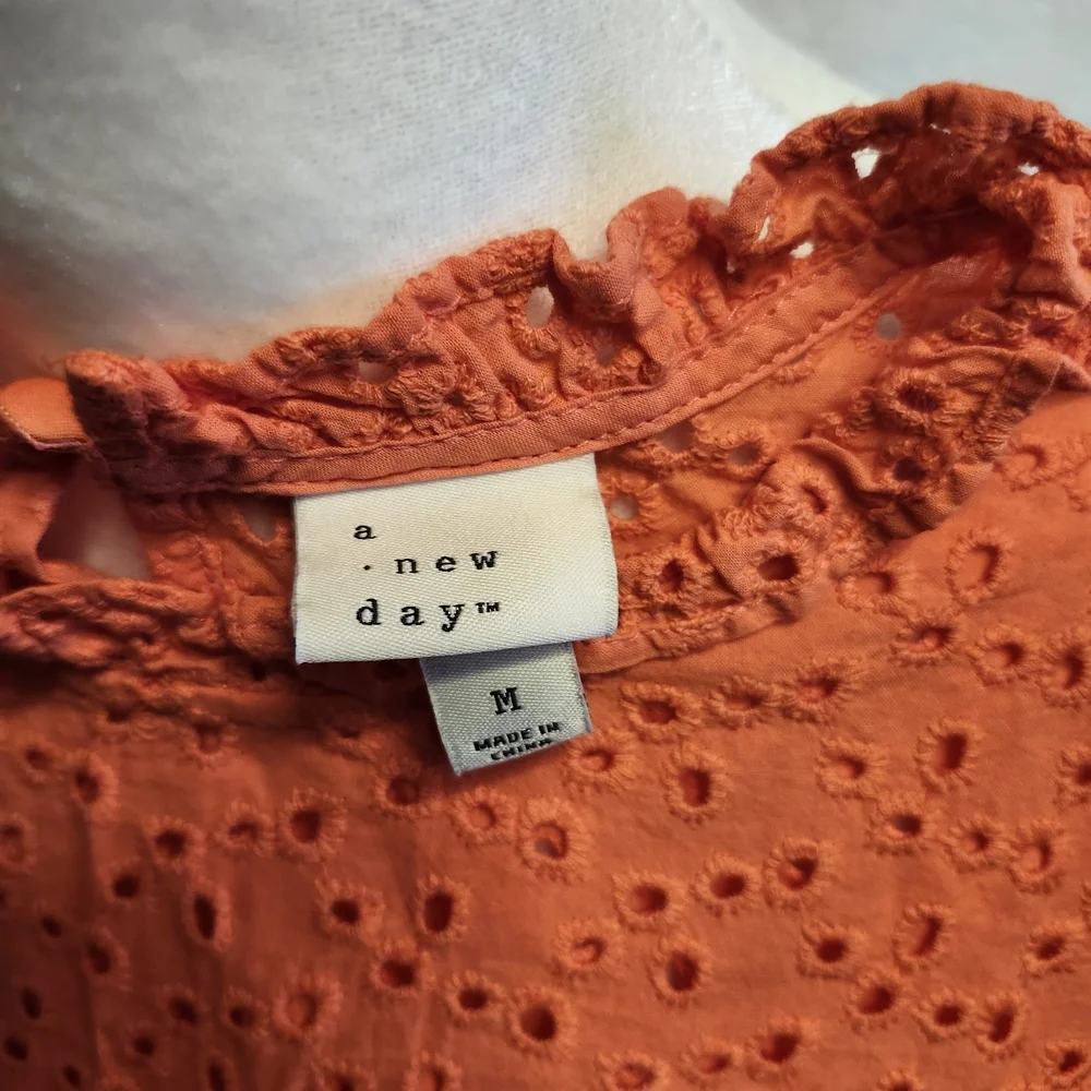 a new day Coral Eyelet Puff Sleeve Blouse - Picture 2 of 4